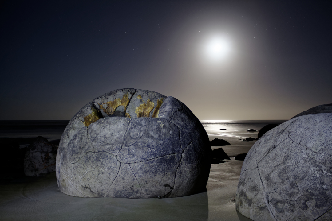 Moeraki Boulders at night.