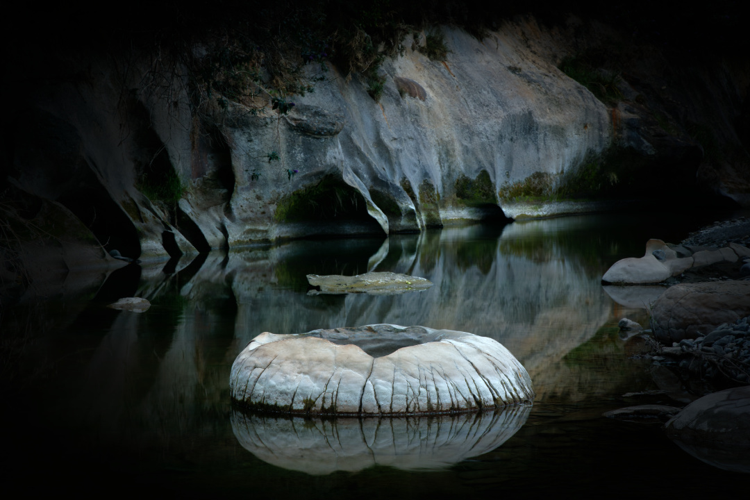 Boulders in Waianakarua River, Otago, New Zealand.