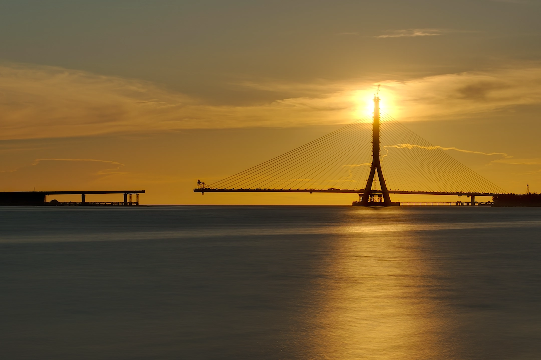 Sunset over the incomplete Danjiang Bridge, New Taipei City.